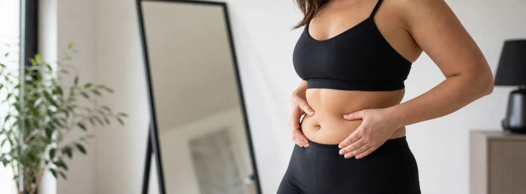 Mulher avaliando gordura localizada no abdomen antes da lipoaspiracao